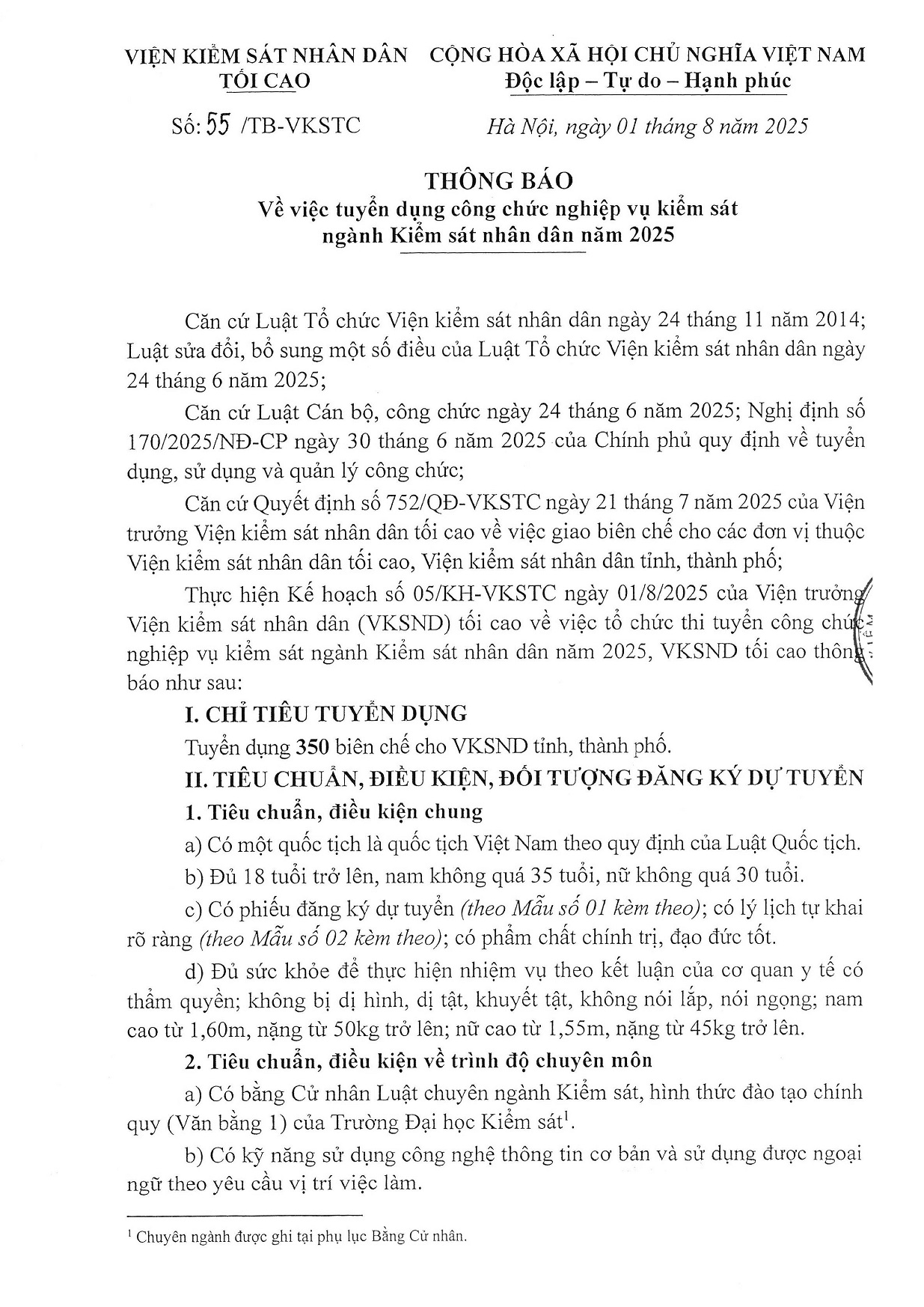 Thông báo về việc tuyển dụng công chức nghiệp vụ kiểm sát ngành Kiểm sát nhân dân năm 2025