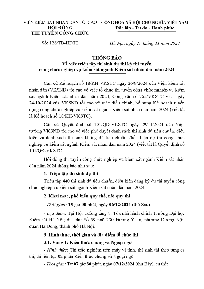 Thông báo về việc triệu tập thí sinh dự thi kỳ thi tuyển công chức nghiệp vụ kiểm sát ngành Kiểm sát nhân dân năm 2024