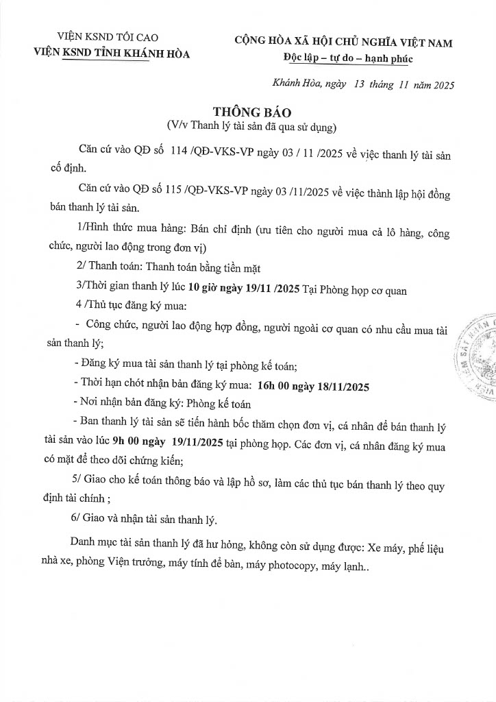 Thông báo thanh lý tài sản đã qua sử dụng năm 2025