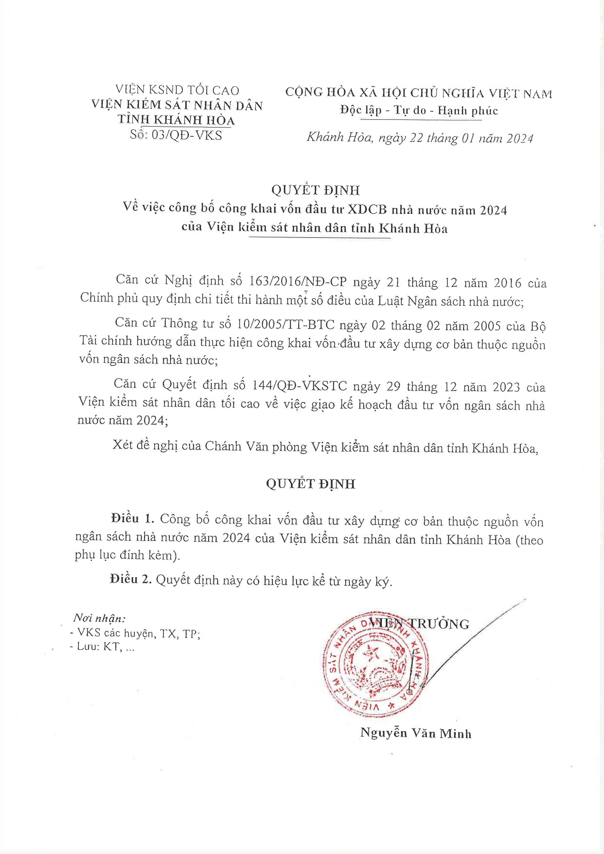 Quyết định công bố công khai vốn đầu tư XDCB nhà nước năm 2024 của Viện kiểm sát nhân dân tỉnh Khánh Hòa