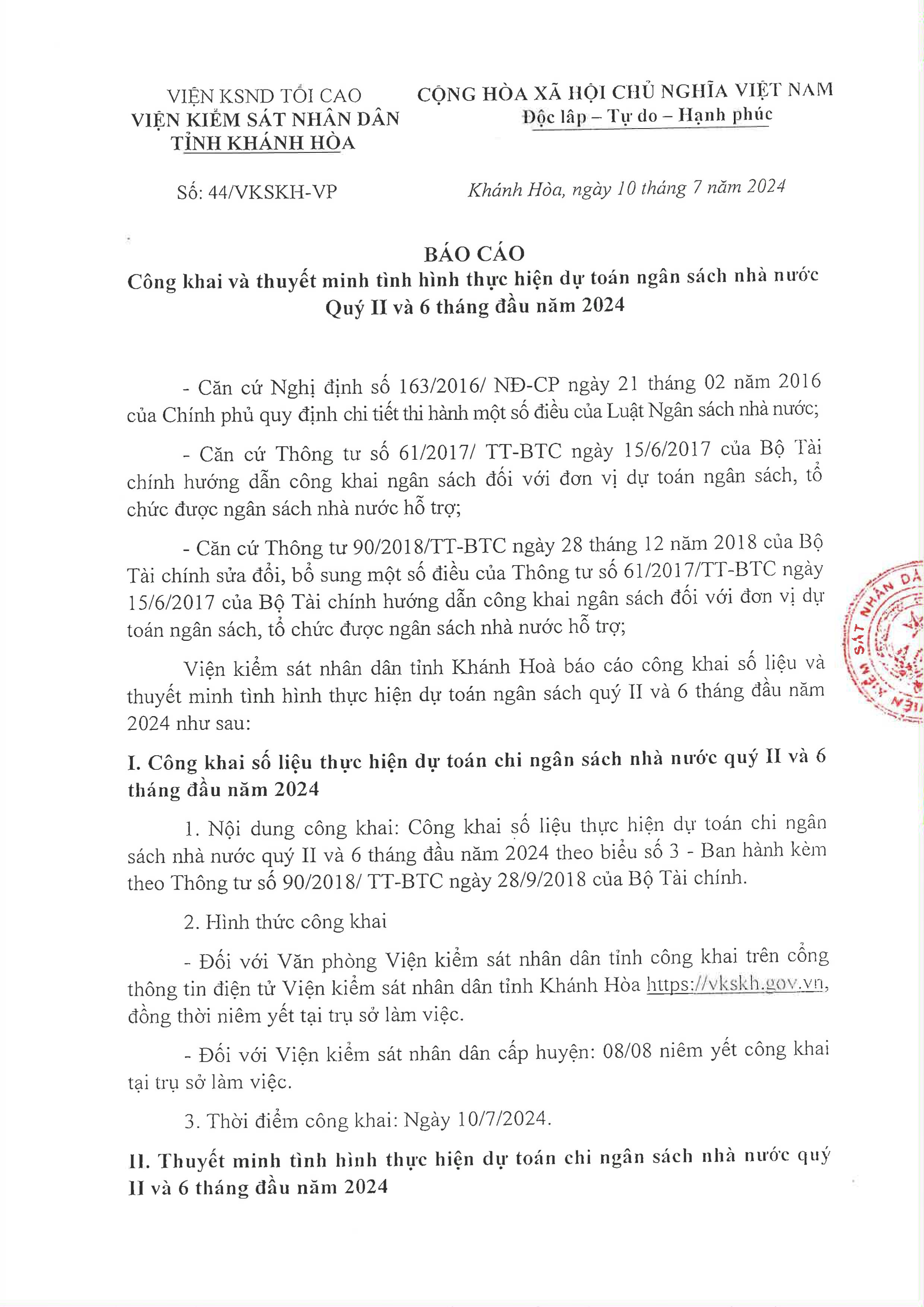 VKSND tỉnh Khánh Hòa báo cáo công khai và thuyết minh tình hình thực hiện dự toán ngân sách nhà nước Quý II và 6 tháng đầu năm 2024