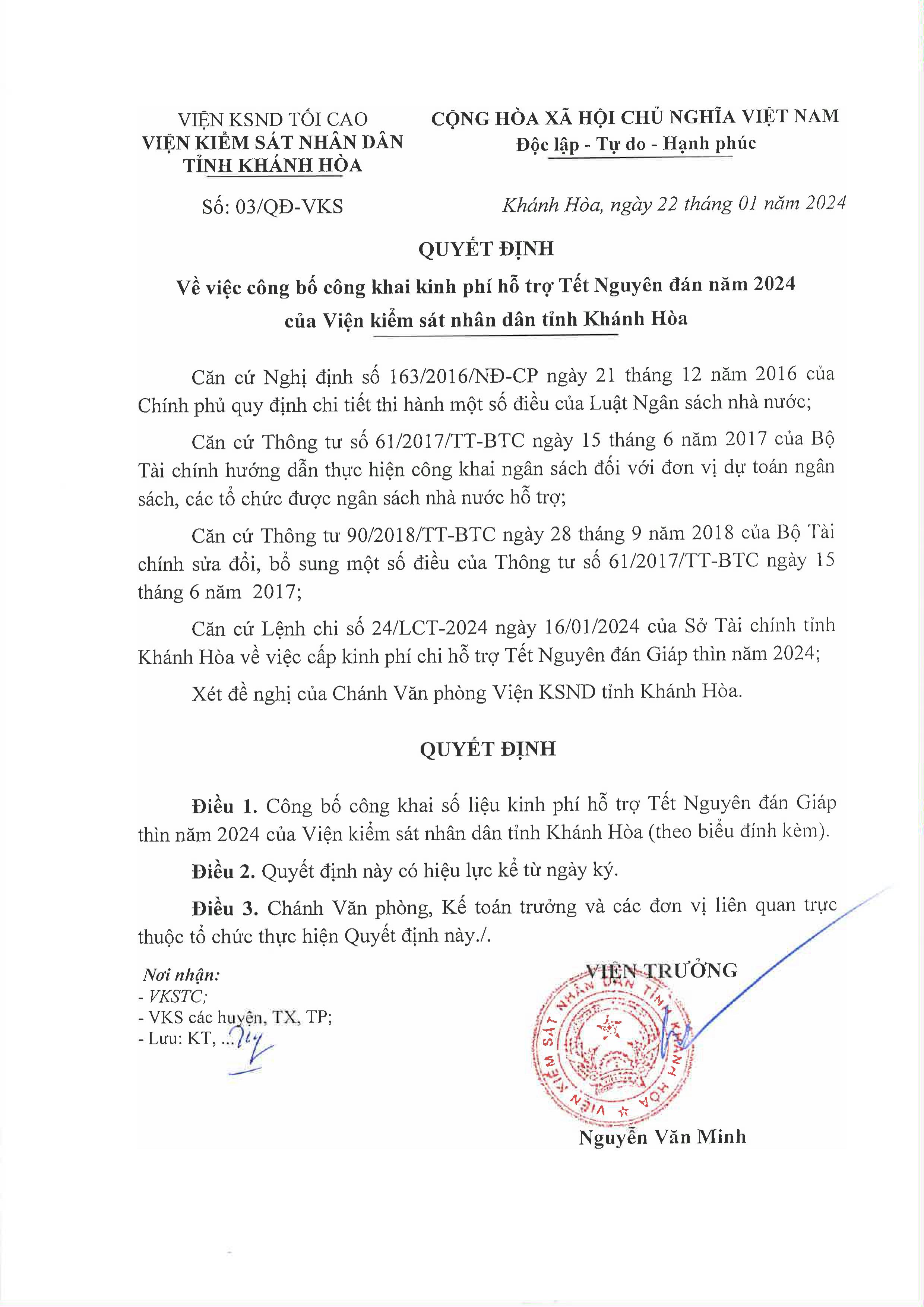 Công bố công khai kinh phí hỗ trợ Tết Nguyên đán năm 2024 của Viện kiểm sát nhân dân tỉnh Khánh Hòa