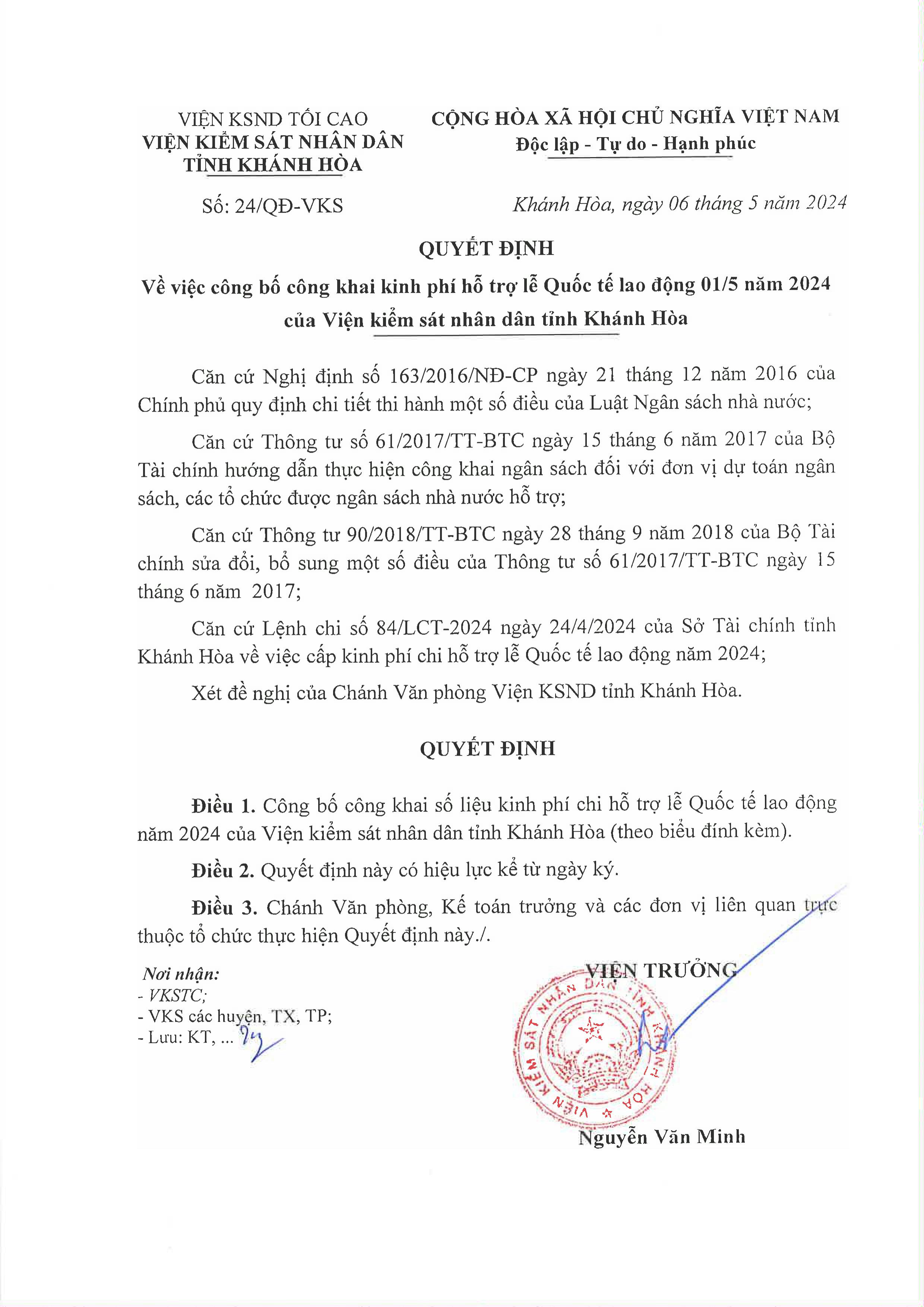 Công bố công khai kinh phí hỗ trợ lễ Quốc tế lao động 01/5 năm 2024 của Viện kiểm sát nhân dân tỉnh Khánh Hòa