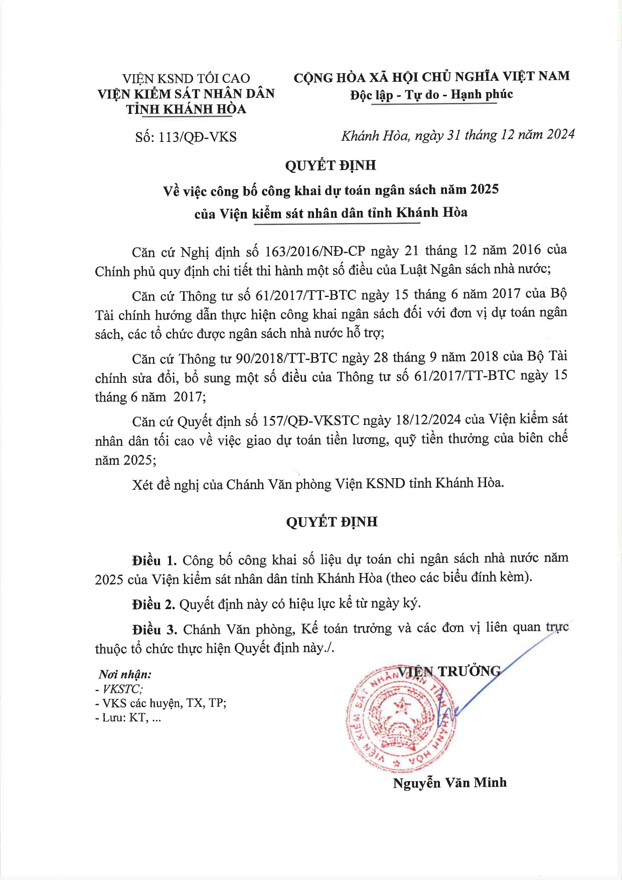 Quyết định về việc công khai dự toán ngân sách năm 2025 của VKSND tỉnh Khánh Hòa