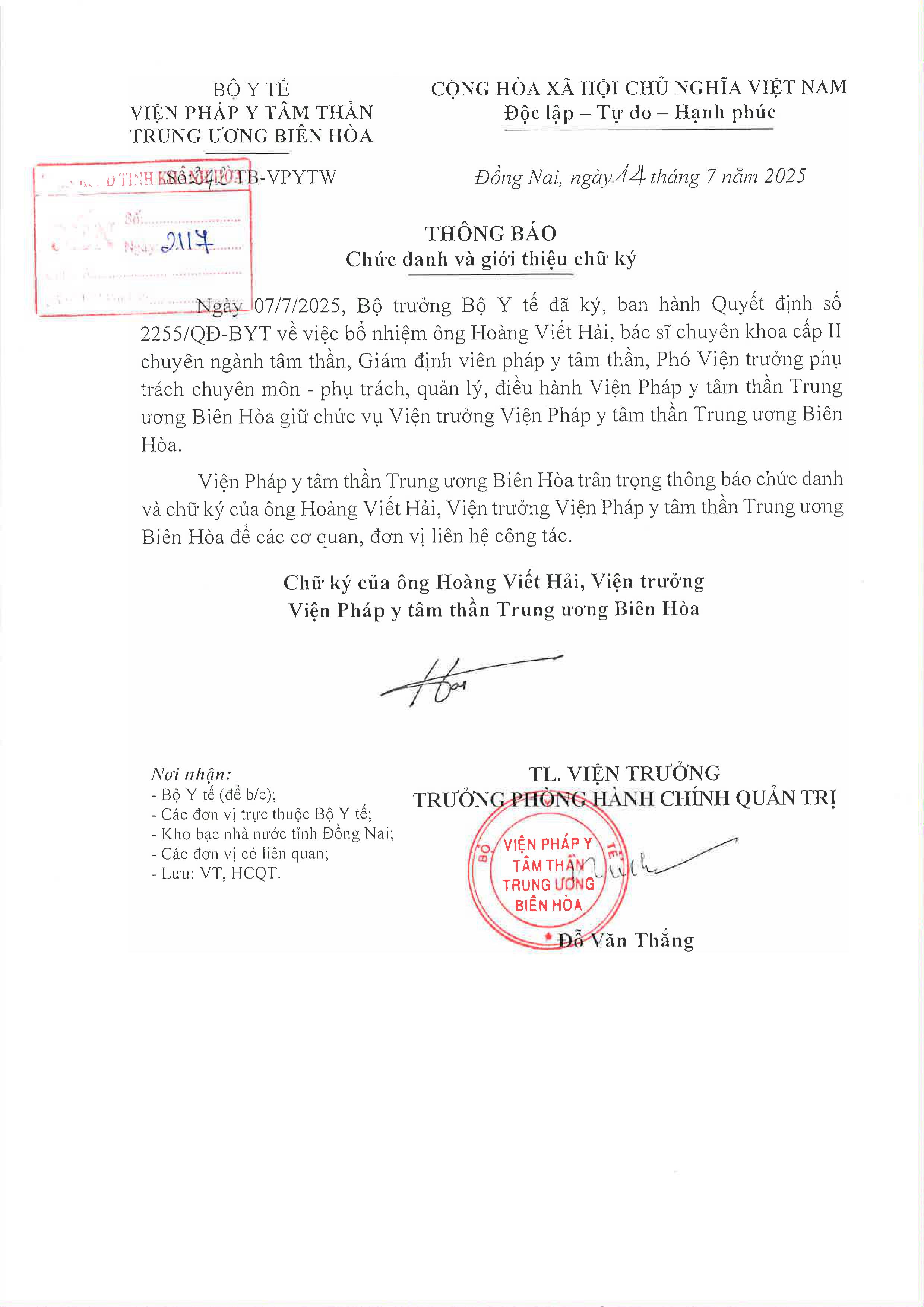 Thông báo Chức danh và giới thiệu chữ ký của Viện trưởng Viện Pháp y tâm thần Trung ương Biên Hòa