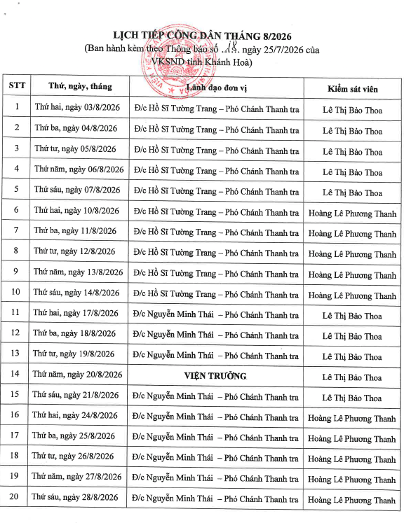 Lịch tiếp công dân tháng 8/2026 của Viện kiểm sát nhân dân tỉnh Khánh Hòa