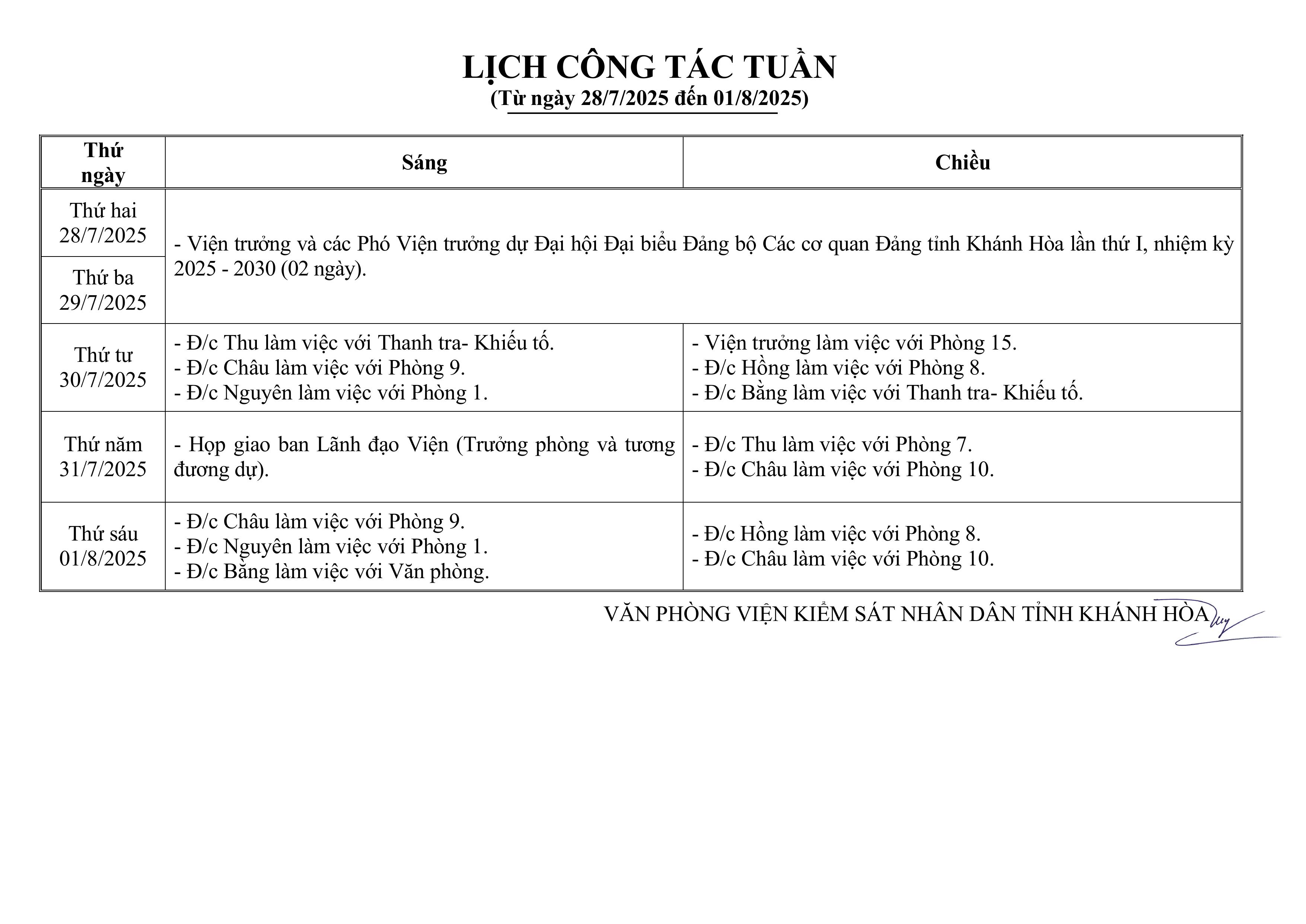 Lịch công tác tuần từ ngày 28/7/2025 đến 01/8/2025