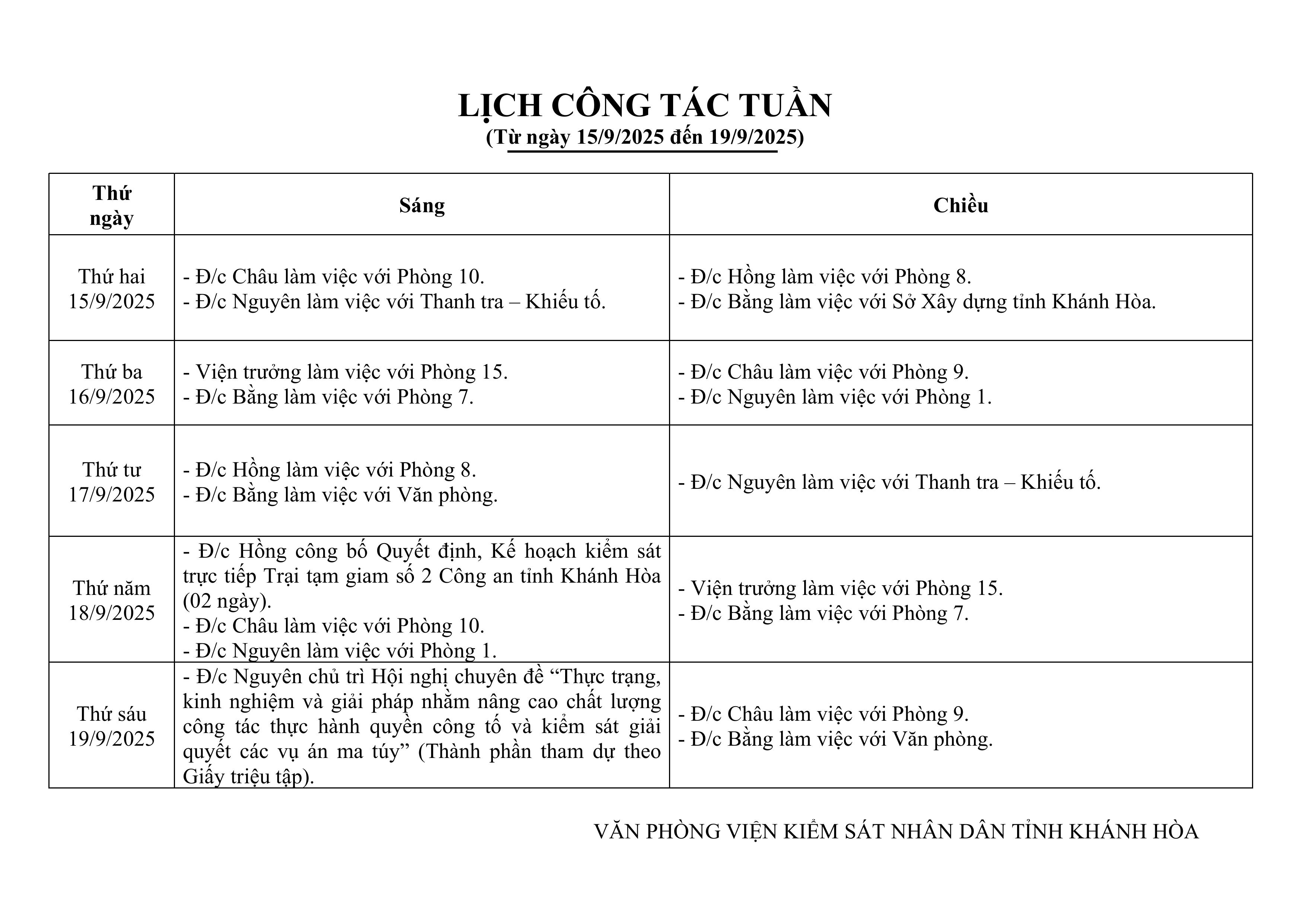 Lịch công tác tuần từ ngày 15/9/2025 đến 19/9/2025