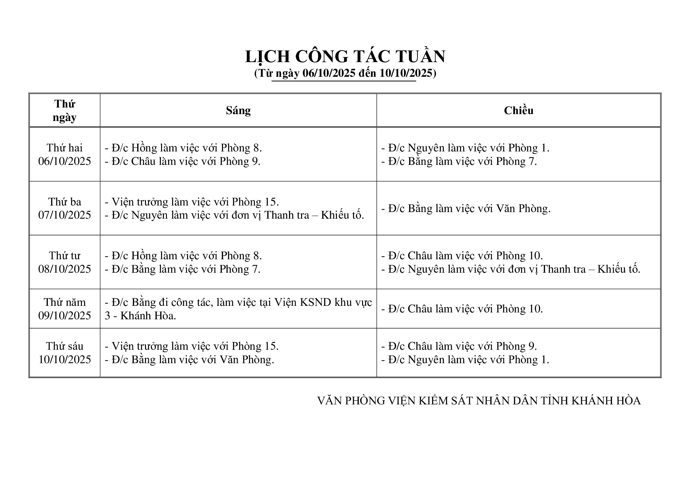 Lịch công tác tuần từ ngày 06/10/2025 đến 10/10/2025