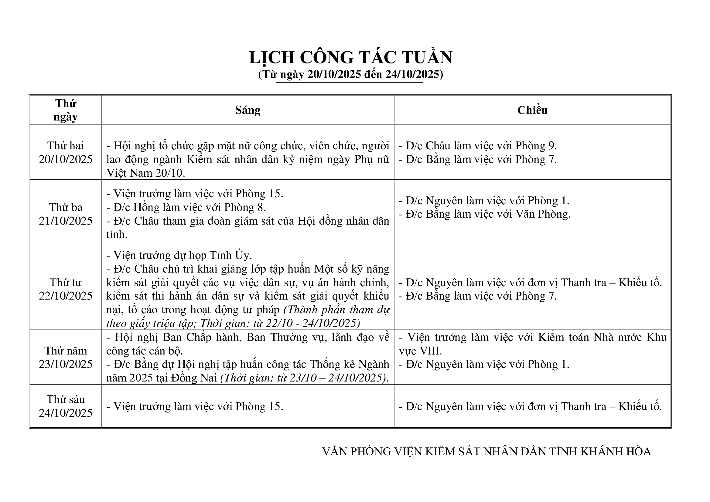 Lịch công tác tuần từ ngày 20/10/2025 đến 24/10/2025