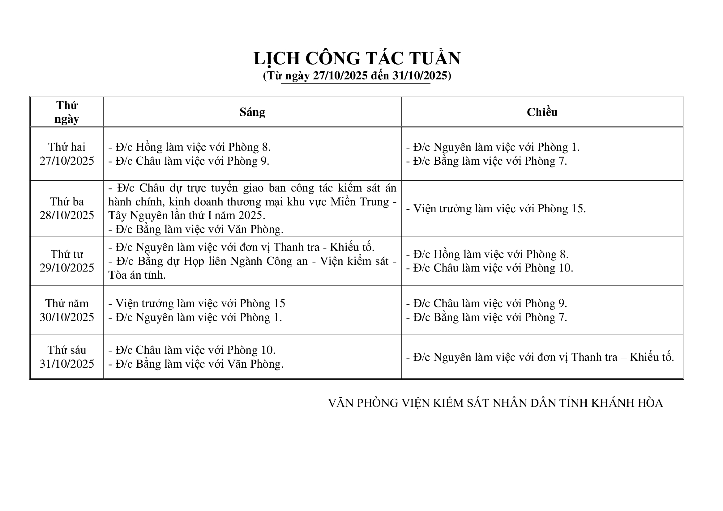 Lịch công tác tuần từ ngày 27/10/2025 đến 31/10/2025