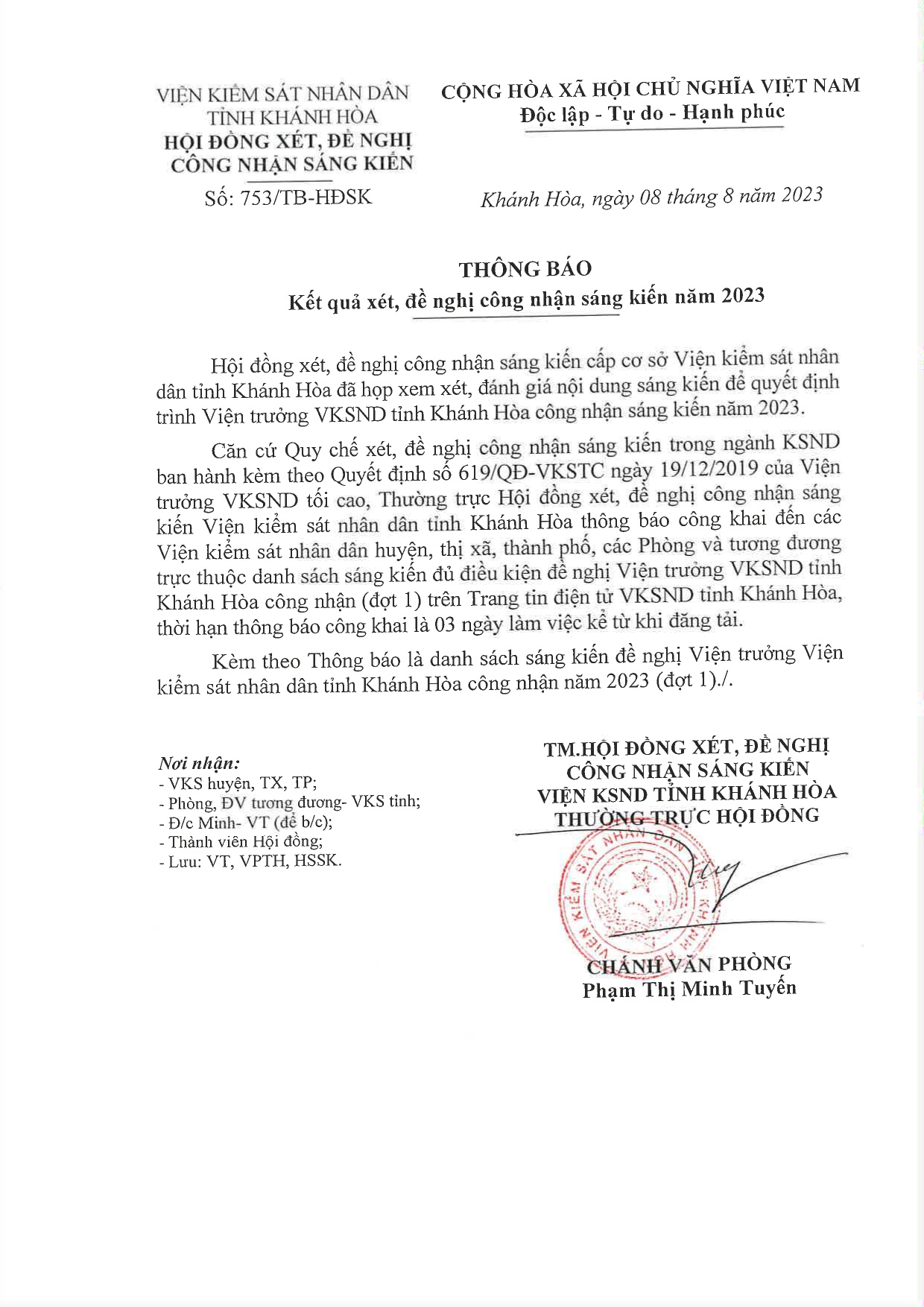 Thông báo kết quả xét, đề nghị công nhận sáng kiến năm 2023 (đợt 1)