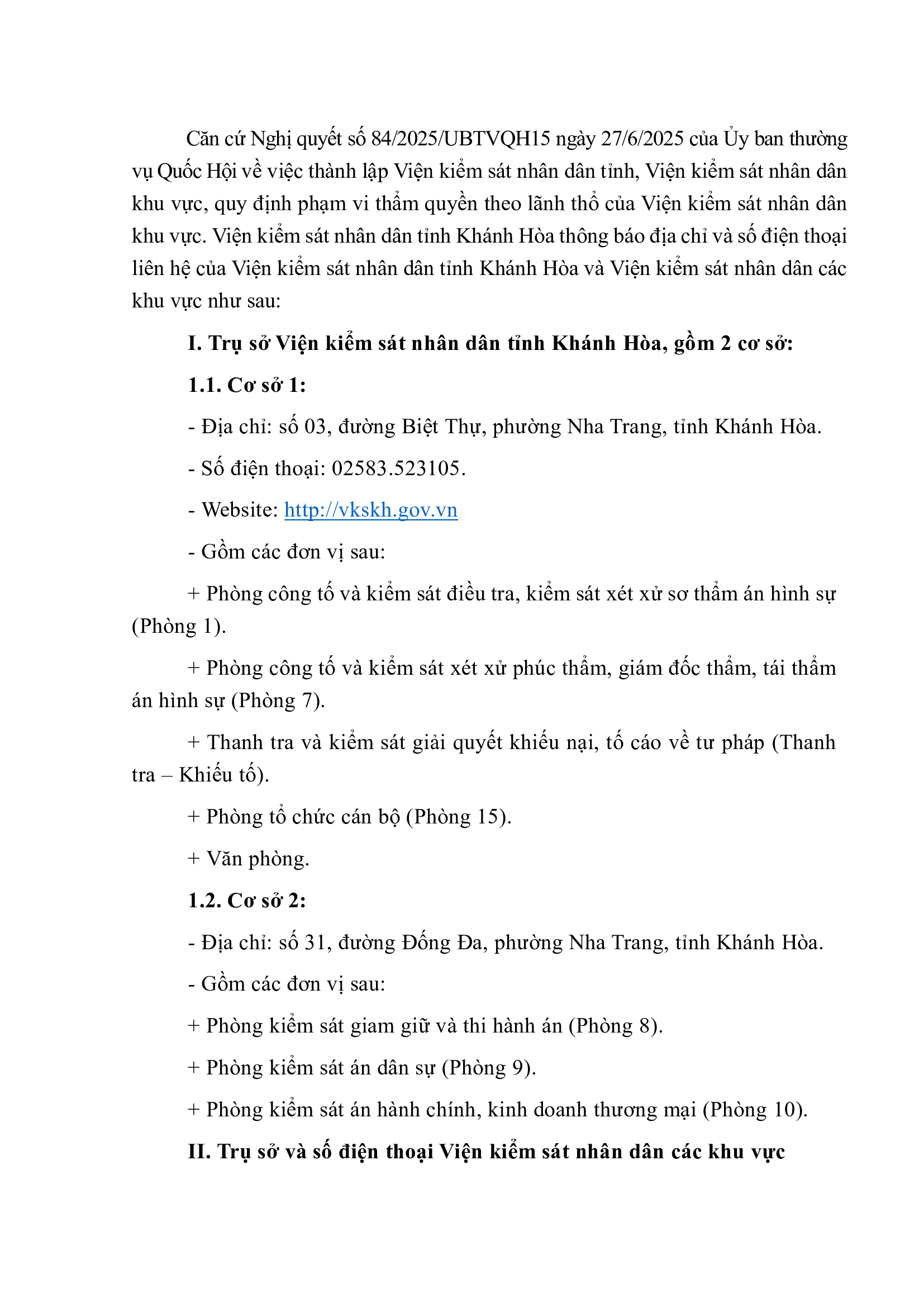 Thông báo địa chỉ trụ sở làm việc của Viện kiểm sát nhân dân tỉnh Khánh Hòa và địa chỉ, địa hạt Viện kiểm sát nhân dân các khu vực