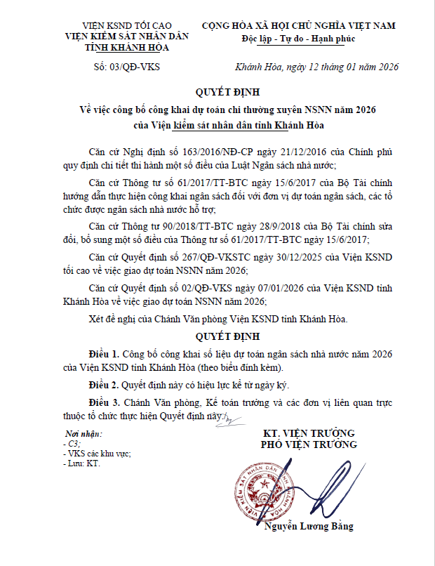 Quyết định về việc công bố công khai dự toán chi thường xuyên NSNN năm 2026 của Viện kiểm sát nhân dân tỉnh Khánh Hòa