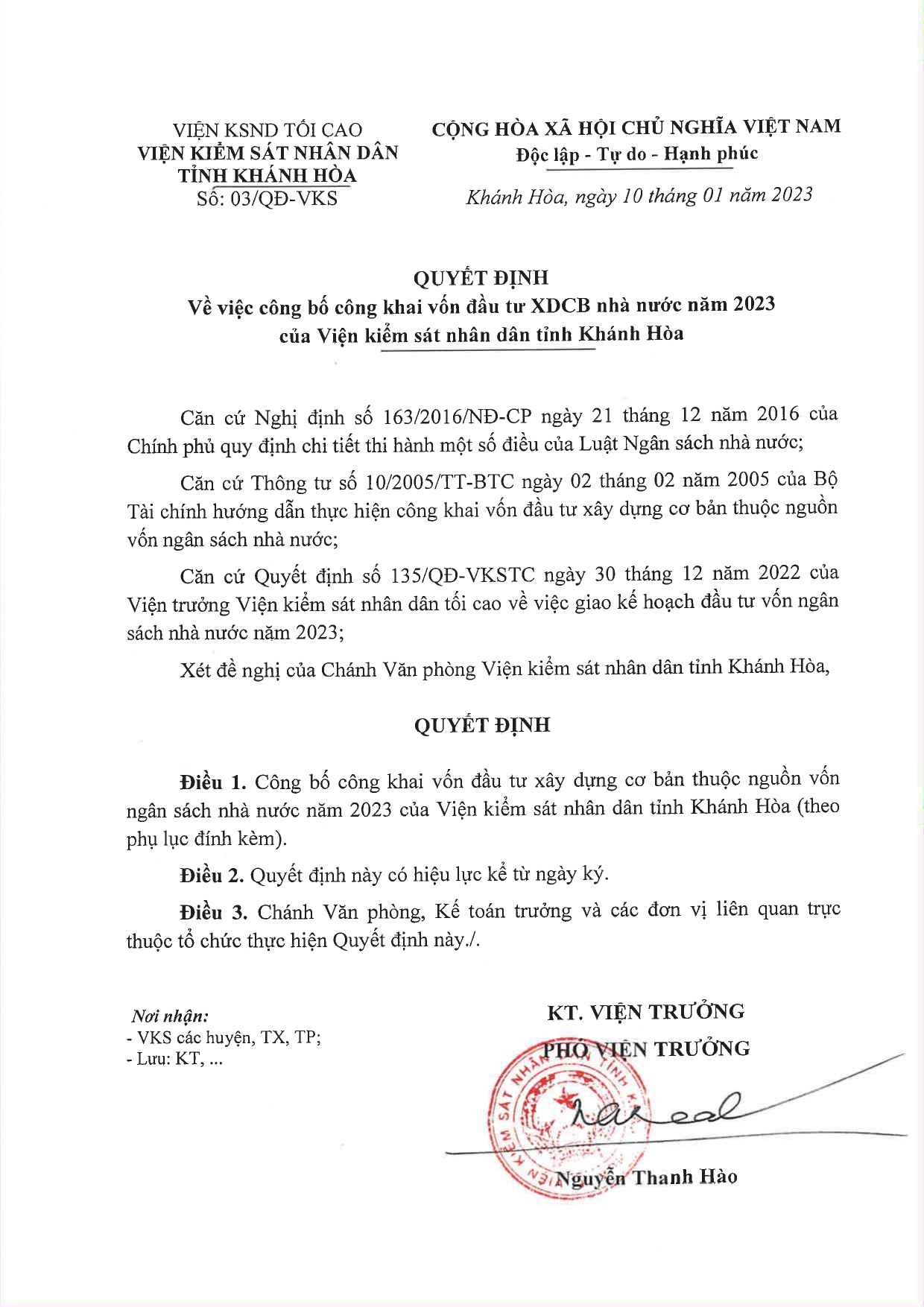 Thông báo về việc công bố công khai vốn đầu tư xây dựng cơ bản nhà nước năm 2023 của Viện kiểm sát nhân dân tỉnh Khánh Hòa