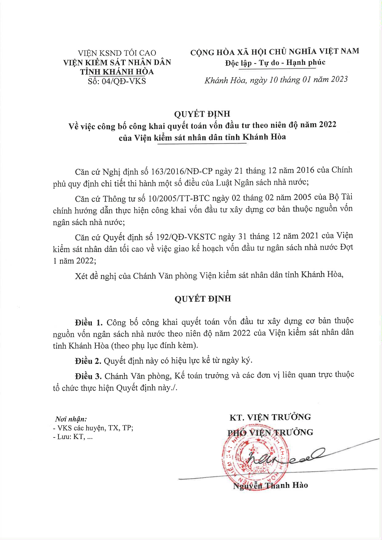 Thông báo về việc công bố công khai quyết toán vốn đầu tư theo niên độ năm 2022 của Viện kiểm sát nhân dân tỉnh Khánh Hòa