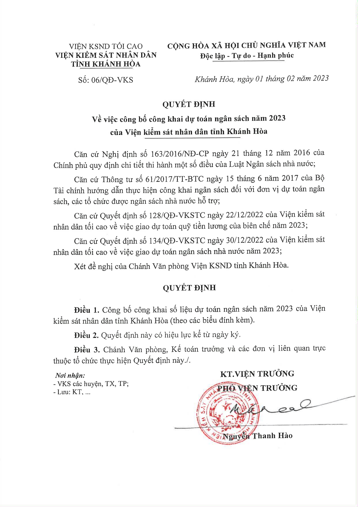 Thông báo về việc công bố công khai dự toán ngân sách năm 2023 của Viện kiểm sát nhân dân tỉnh Khánh Hòa