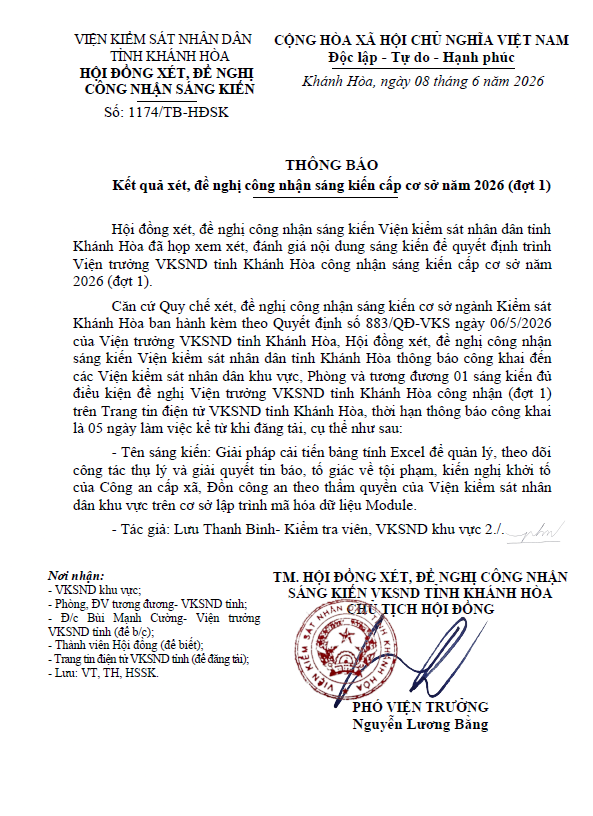 THÔNG BÁO KẾT QUẢ XÉT, ĐỀ NGHỊ CÔNG NHẬN SÁNG KIẾN CẤP CƠ SỞ NĂM 2026 (ĐỢT 1)