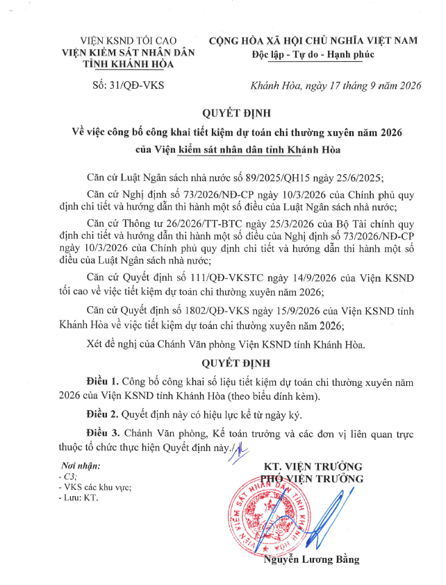 Quyết định về việc công bố công khai tiết kiệm dự toán chi thường xuyên năm 2026 của Viện kiểm sát nhân dân tỉnh Khánh Hòa
