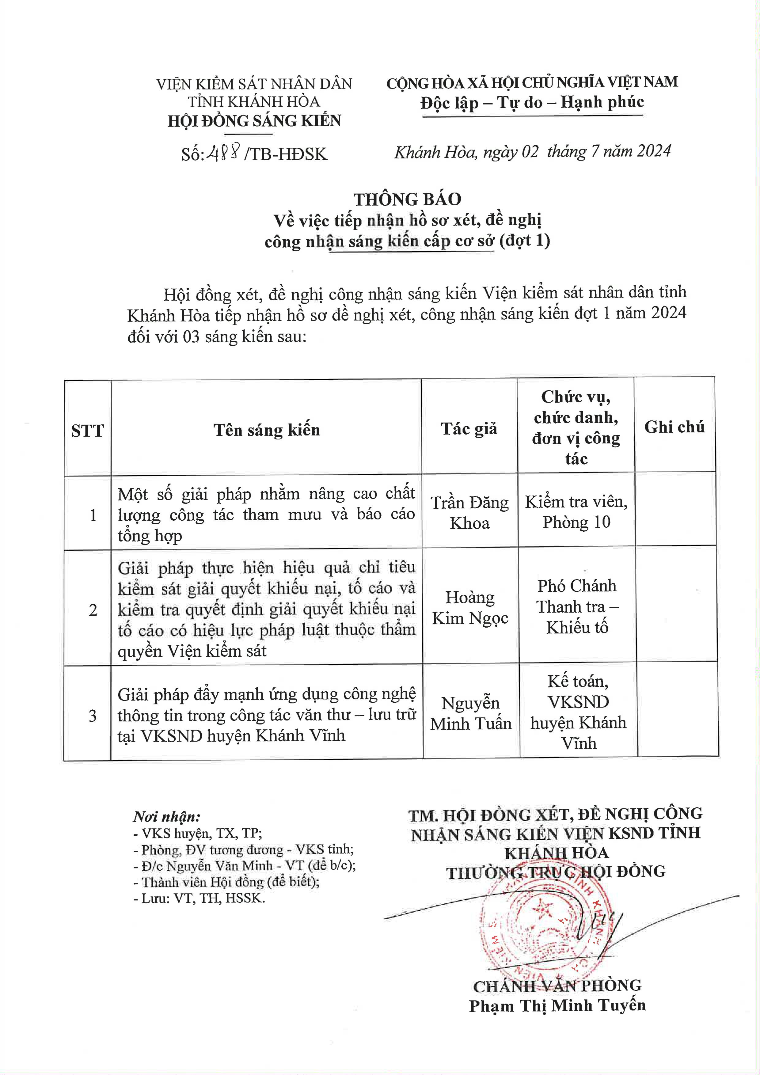 Thông báo về việc tiếp nhận hồ sơ xét, đề nghị công nhận sáng kiến cấp cơ sở (đợt 1)