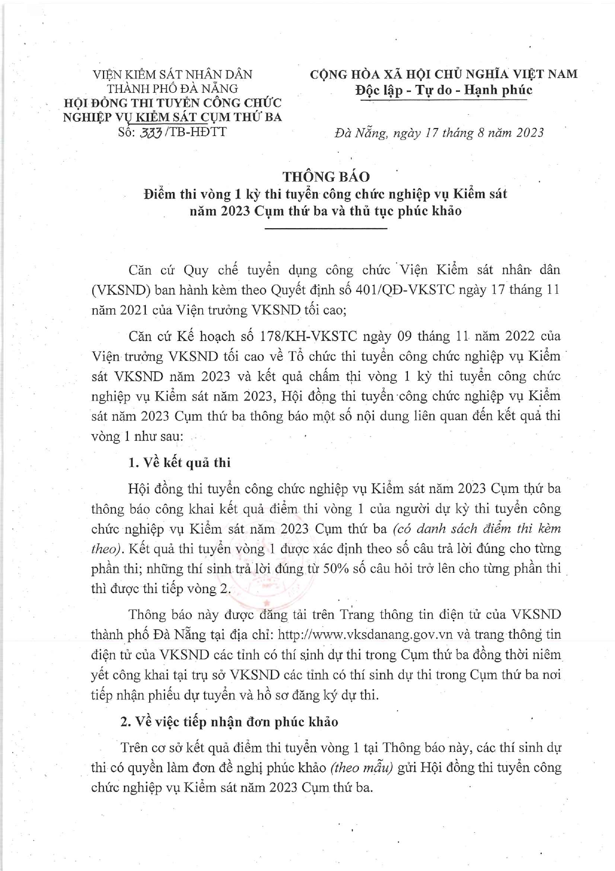 Thông báo điểm thi vòng 1 kỳ thi tuyển công chức nghiệp vụ Kiểm sát năm 2023 Cụm thứ 3 và thủ tục phúc khảo