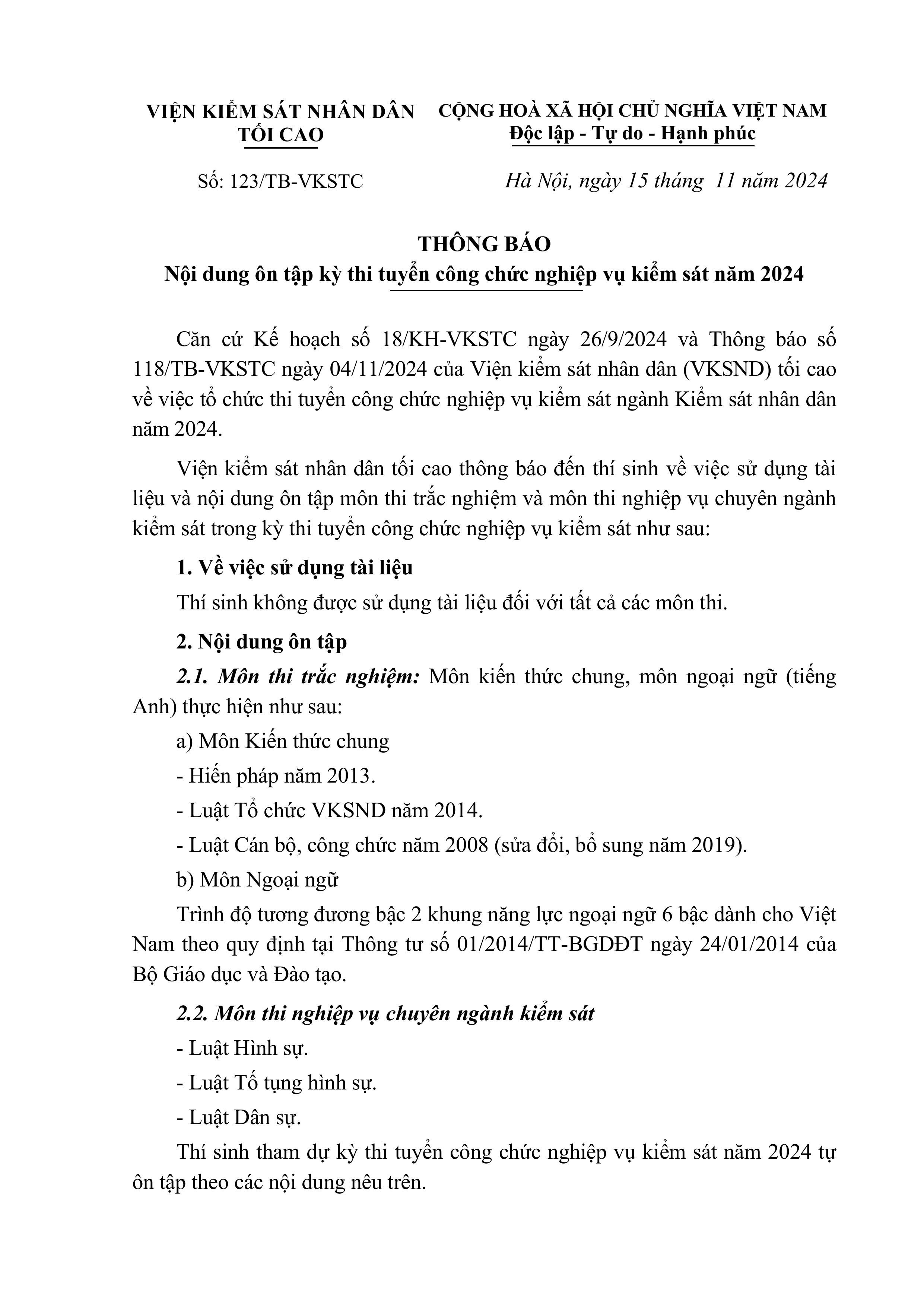 Thông báo nội dung ôn tập kỳ thi tuyển công chức nghiệp vụ kiểm sát năm 2024