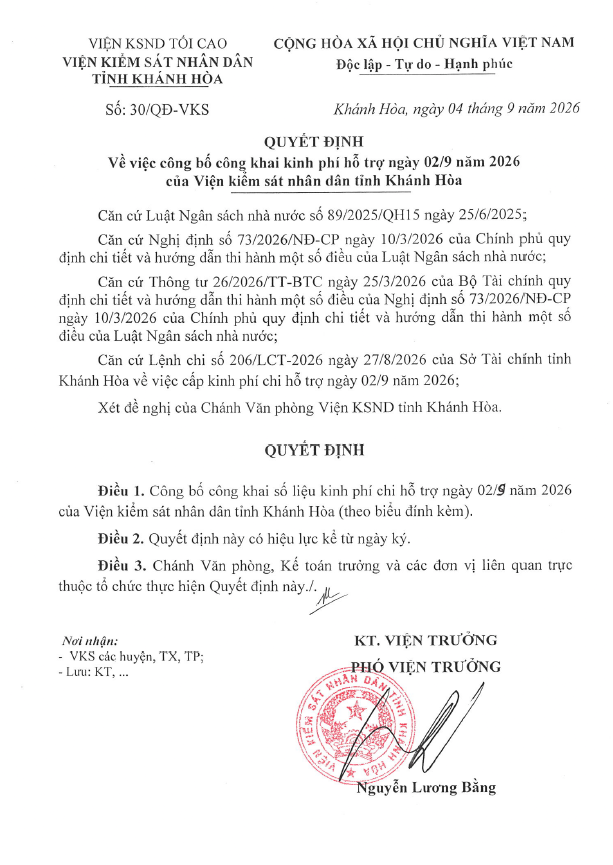 Quyết định về việc công bố công khai kinh phí hỗ trợ ngày 02/9 năm 2026 của Viện kiểm sát nhân dân tỉnh Khánh Hòa