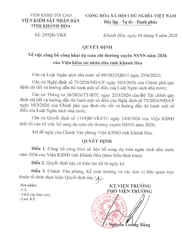 Quyết định về việc công bố công khai dự toán chi thường xuyên NSNN năm 2026 của Viện kiểm sát nhân dân tỉnh Khánh Hòa