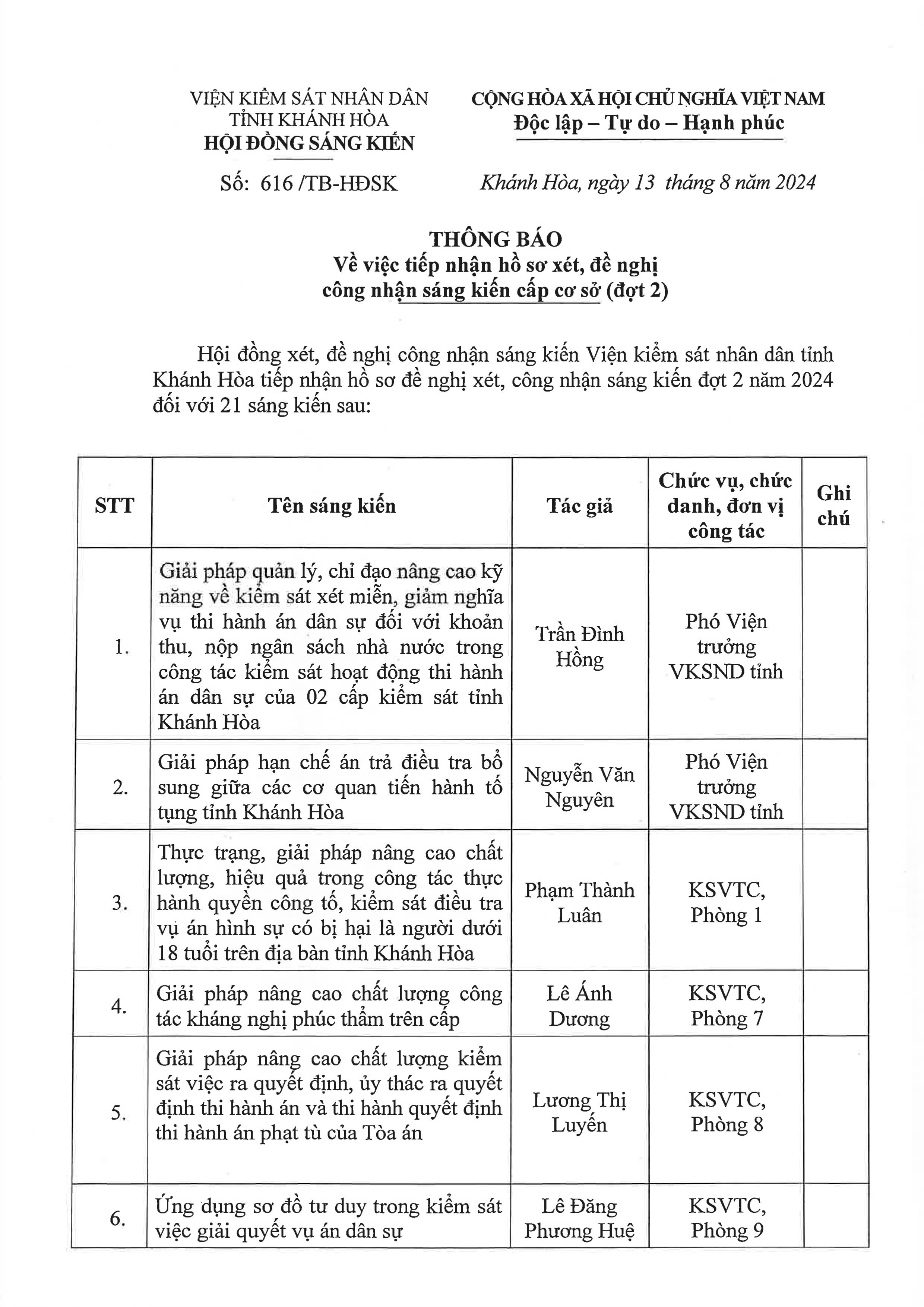 Thông báo về việc tiếp nhận hồ sơ xét, đề nghị công nhận sáng kiến cấp cơ sở (đợt 2)