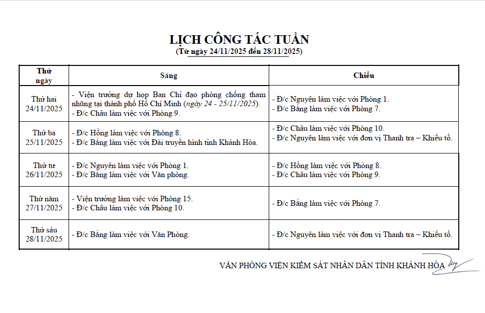 Lịch công tác tuần từ ngày 24/11/2025 đến 28/11/2025